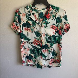 Kimchi Blue Cream Green Palm Floral Cropped Button Down Top Womens XS Coastal